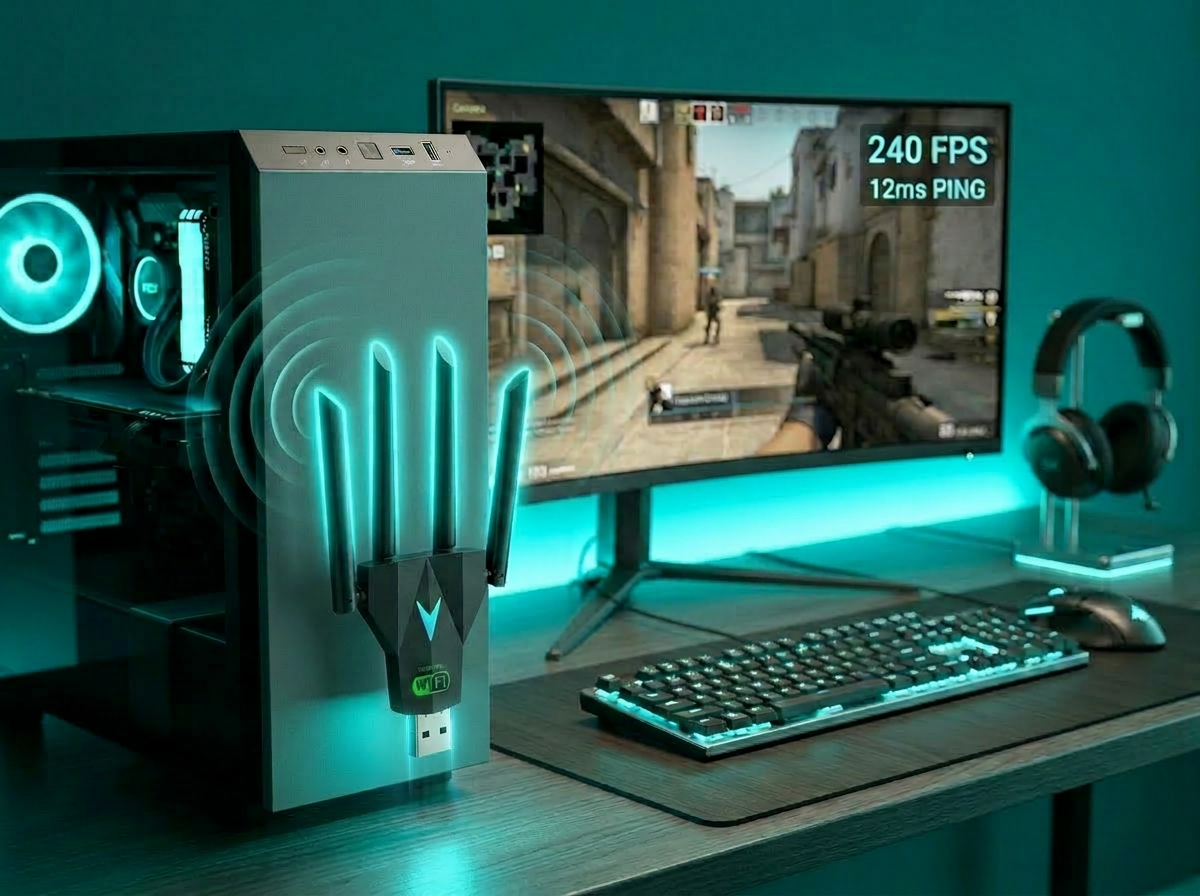 Setup gaming con NetVortex conectado al PC mejorando el rendimiento